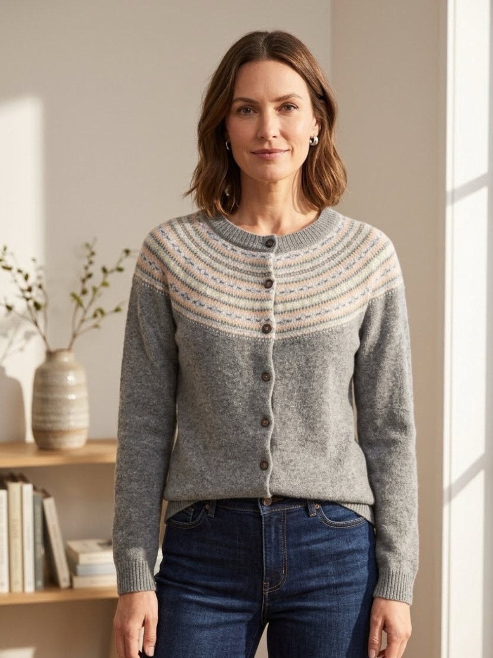 Cambridge Dry Goods Lambswool Blend Cardigan Gray Fair Isle S Cottagecore